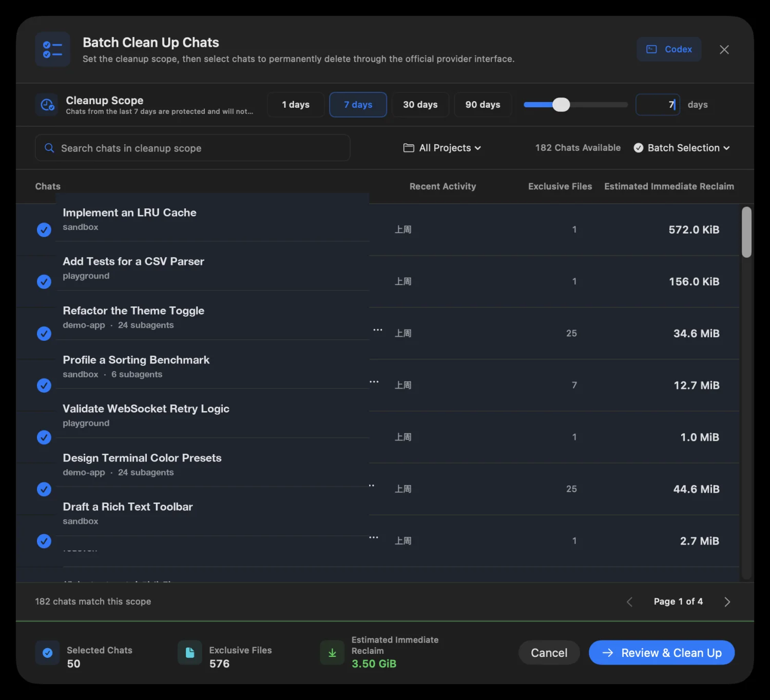 Batch cleanup review showing selected conversations and estimated immediate reclaim before permanent deletion.
