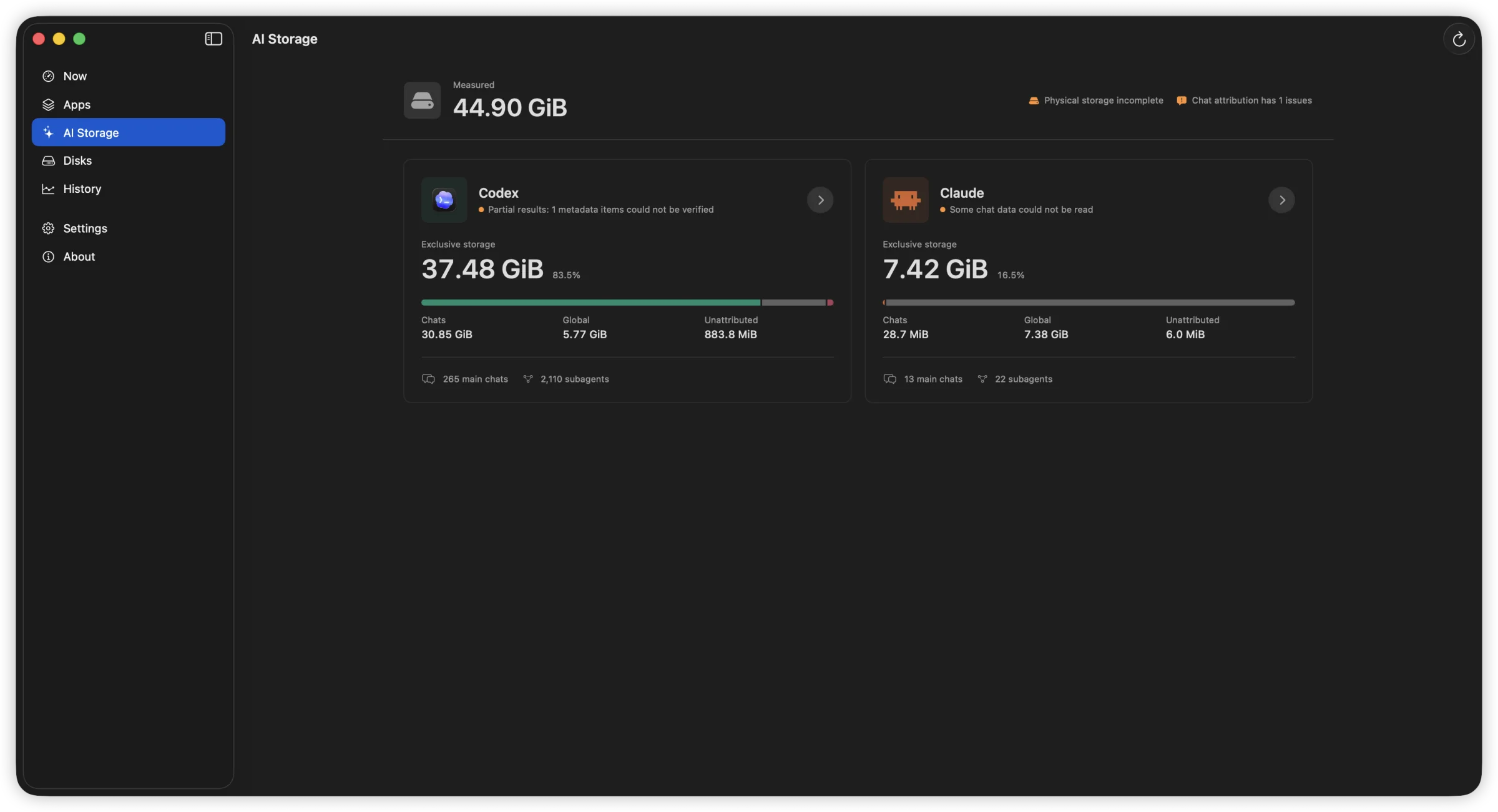 AI Storage overview separating chat, global, and unattributed storage for Codex and Claude.