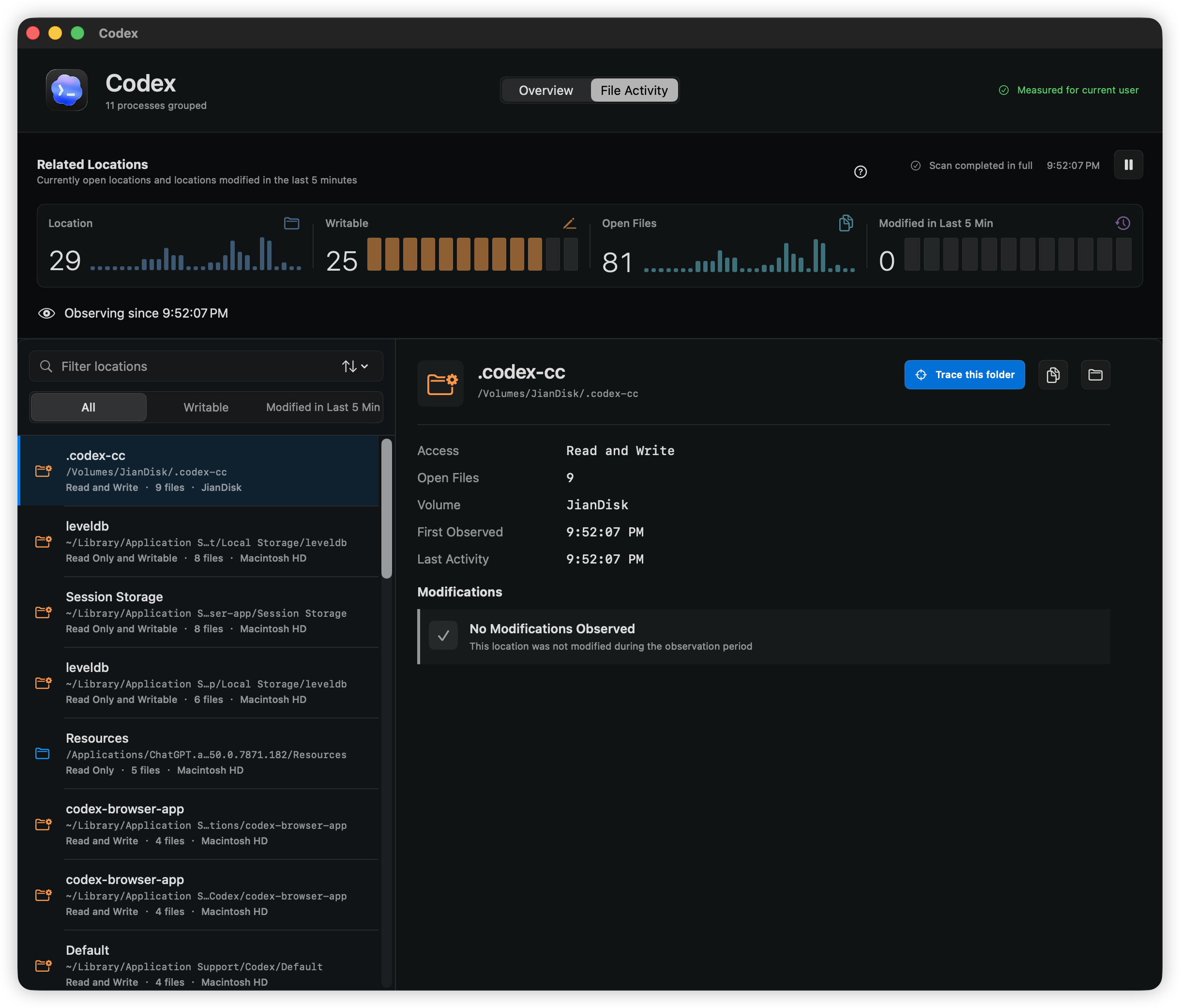 Open file locations, recently modified directories, and on-demand access tracing — start tracing any path to see who reads or writes it.