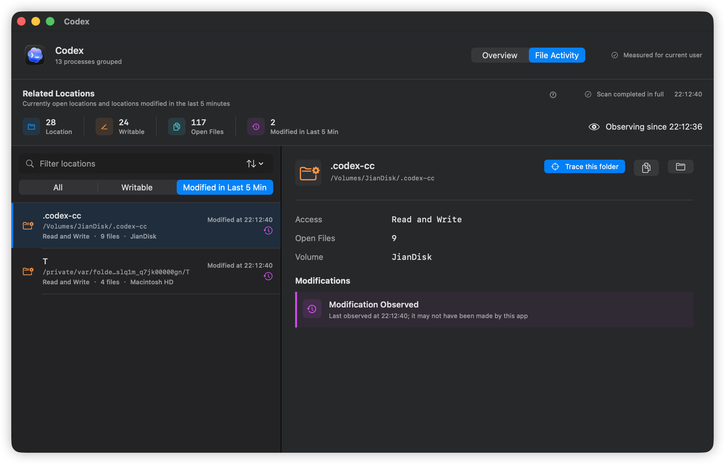 Open file locations, recently modified directories, and on-demand access tracing — start tracing any path to see who reads or writes it.