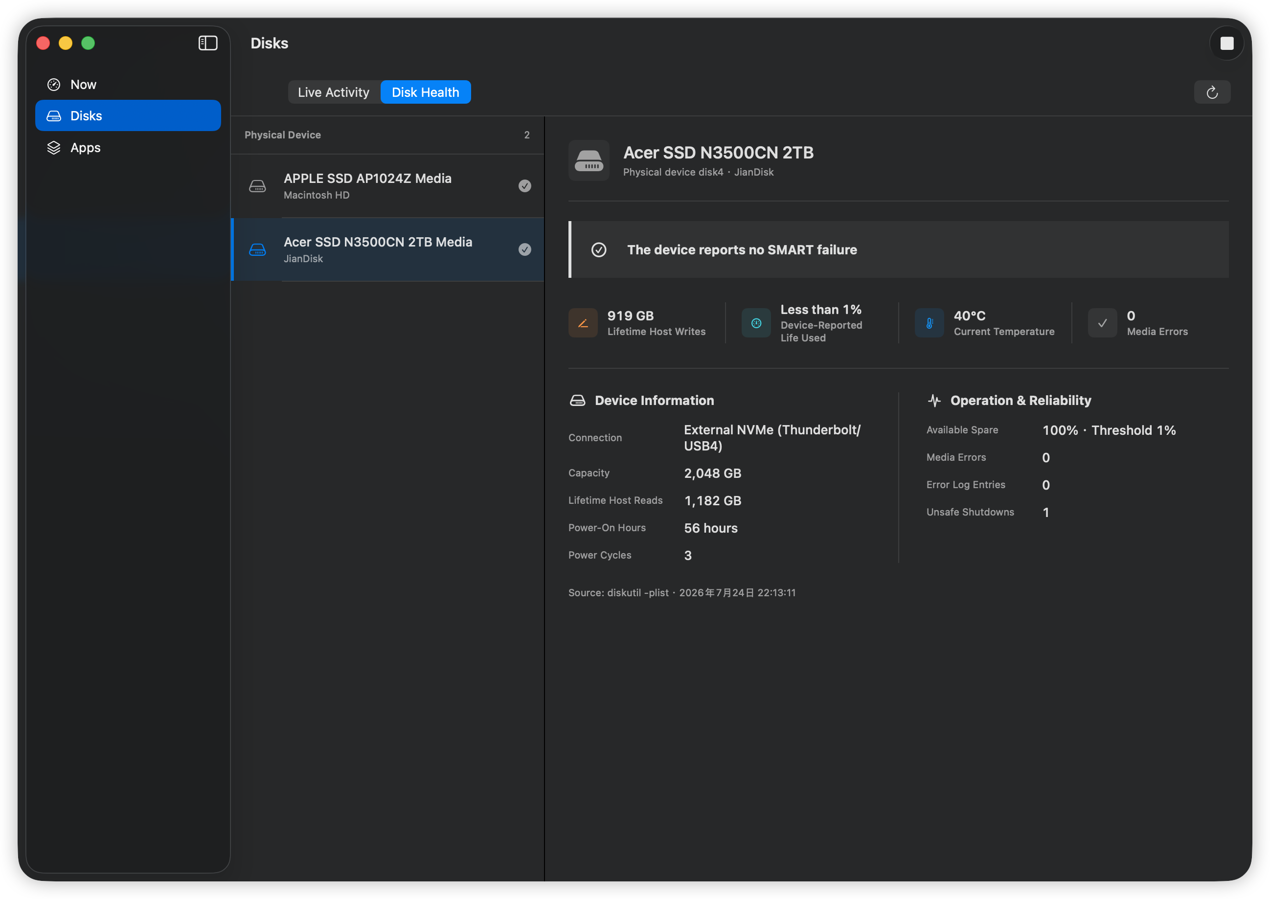 Temperature, lifetime reads/writes, wear level, spare capacity, power-on hours — only showing fields your hardware actually reports.